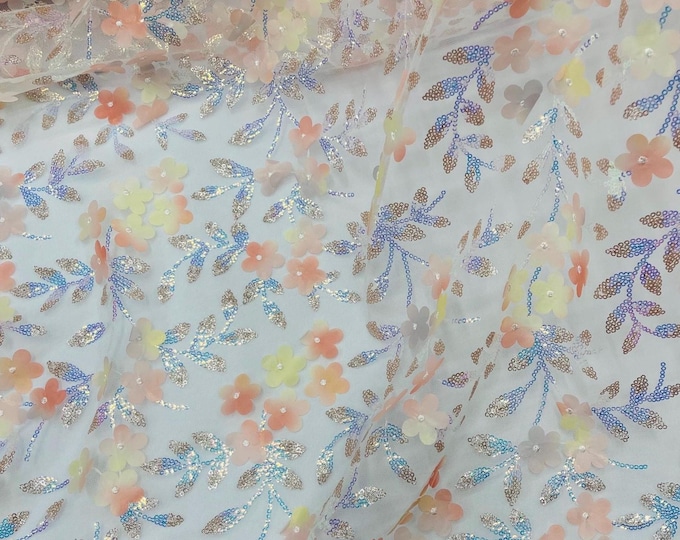 Peach Multi Color 3D Flower Iridescent Sequin Fabric by the yard, 3D Floral Sequin On Mesh for wedding dress Quinceañera
