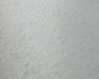 White Sequin Fabric | Floral Damask Design on a 4 Way Stretch | Sequins Lace | Spandex Fabric For Prom-Gown By The Yard