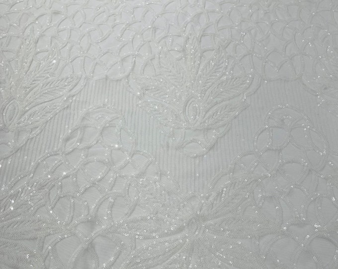 White Sequin Fabric | Floral Damask Design on a 4 Way Stretch | Sequins Lace | Spandex Fabric For Prom-Gown By The Yard