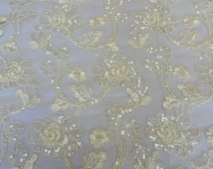 Mia Fabrics, Ivory Cream Mesh Embroidery Corded Lace With Sequins, Flower Lace Sequin Sold by the yard (Pick a Size)