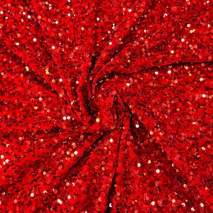 Red Sequins on Stretch Velvet With Partial Luxury Sequins  5mm Shining Sequins 2-way Stretch 58/60” (Choose The Quantity)