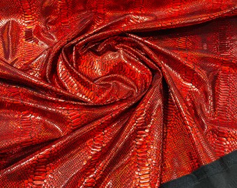 Black/Red Snake Design Metallic Nylon Spandex With Iridescent Foil 4-Way Stretch 58/60 Spandex Fabric By The yard, (Choose The Size)