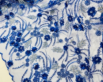 Royal Blue Silver 3D Floral Beaded Lace Fabric: Beaded Sequins on a Mesh, By The Yard