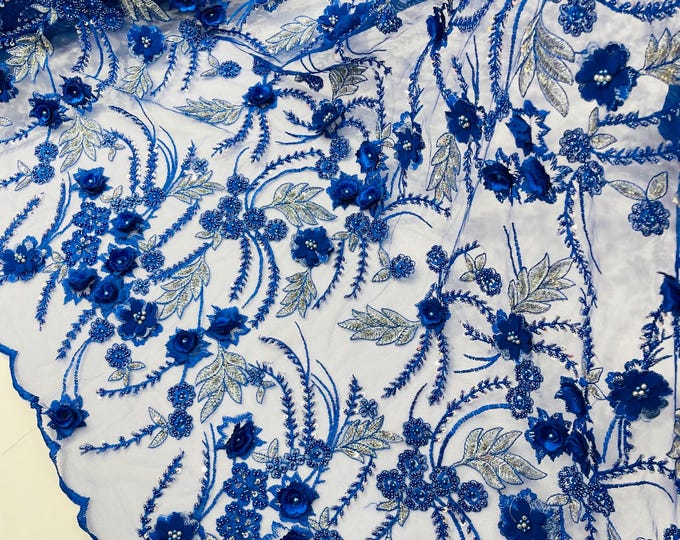 Royal Blue Silver 3D Floral Beaded Lace Fabric: Beaded Sequins on a Mesh, By The Yard