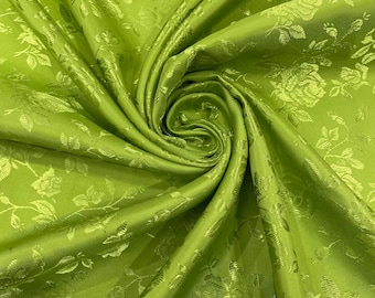 Kiwi Green Floral Brocade Jacquard Satin Fabric - 58/60" Wide
