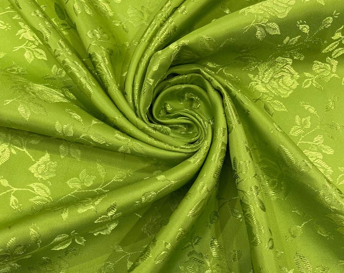 Kiwi Green Floral Brocade Jacquard Satin Fabric - 58/60" Wide