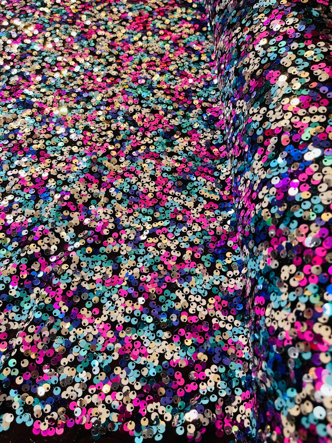 Multi Color Sequin Fabric by the Yard on Black Spandex Mesh 4 Way