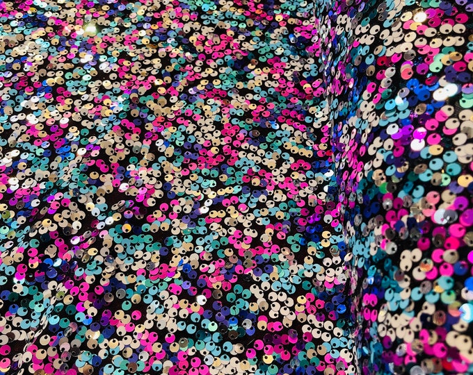 Multi Color Sequin Fabric - by the yard - On Black Spandex Mesh 4 Way Stretch Sequins Fabric, Lace sequins Prom-Gown