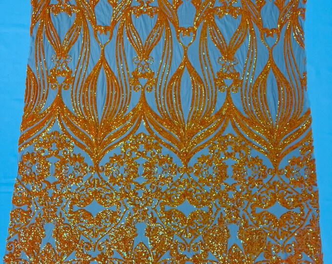 Orange Iridescent Sequin Fabric - by the yard - On Nude Mesh, Camila Design 4 Way Stretch Sequins Fabric, Lace sequins Prom-Gown