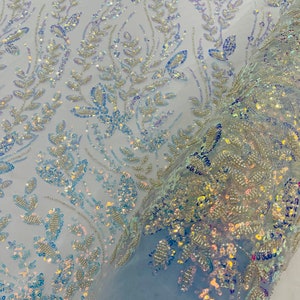 Clear Iridescent Beaded Leaf Pattern Beaded Fabric by the yard, Baby Blue Mesh Embroidered Floral Beaded Wedding Bridal Fabric