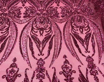 Fuchsia Damask Sequins Fabric: 4-Way Stretch Spandex Mesh, Prom Gown Material