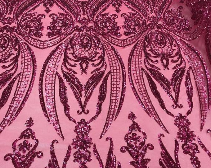 Fuchsia Sequins - 4 Way Stretch Fancy Big Damask Design Sequins on Spandex Mesh Prom Gala Gown Fabric By The Yard