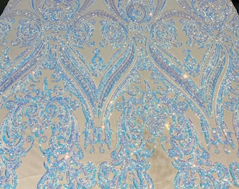Aqua Iridescent Damask Sequins Fabric - 4 Way Stretch Spandex Mesh