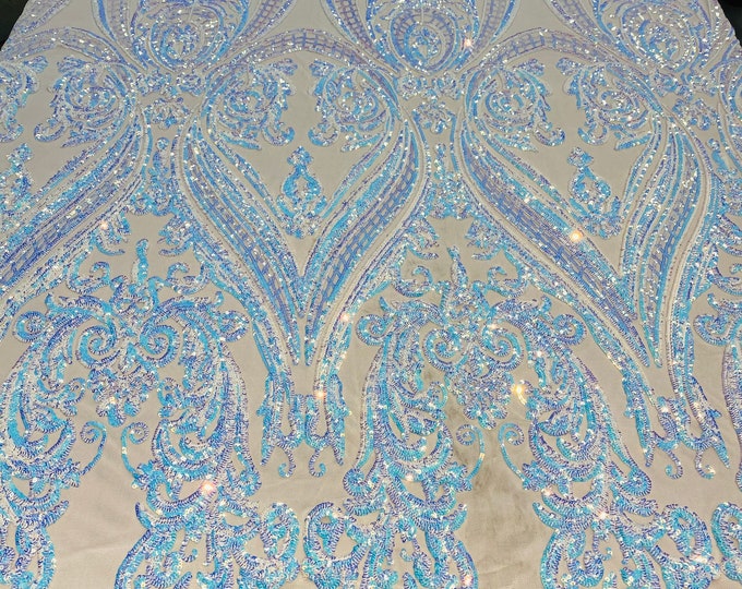 Aqua Iridescent Sequins  - 4 Way Stretch Fancy Big Damask Design Sequins on Spandex Mesh Prom Gala Gown Fabric By The Yard