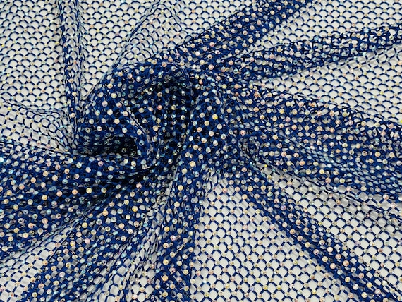 Iridescent Rhinestones Fabric on Royal Blue Stretch Net Fabric