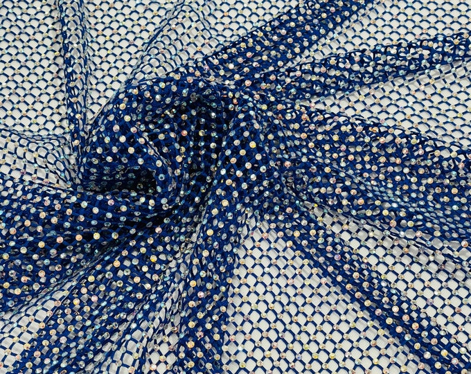 Iridescent Rhinestones Fabric On Royal Blue Stretch Net Fabric, Spandex Fish Net with Crystal Stones sold by the yard