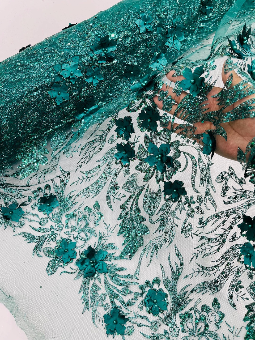 Hunter Green Glitter Floral Mesh, Glitter 3D Flower Sequin Fabric ...