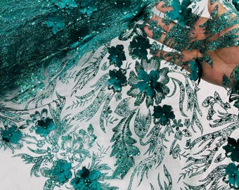 Hunter Green Glitter Floral Mesh, Glitter 3D Flower Sequin Fabric, Wedding Dresses & Quinseñera