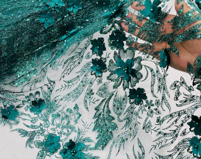 Hunter Green Glitter Floral Mesh, Glitter 3D Flower Sequin Fabric, Wedding Dresses & Quinseñera