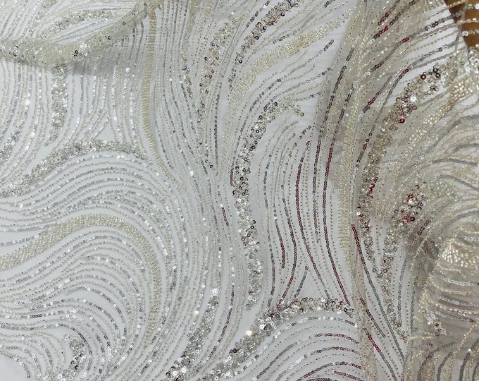 Silver Beaded Lace Fabric: Embroidered Mesh, Bridal Wedding Dress - Fashion Beaded