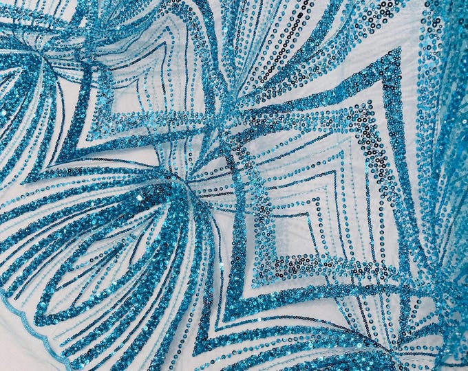 Turquoise Beaded Lace Fabric: Embroidered Mesh, Bridal Wedding Dress - Sold By The Yard