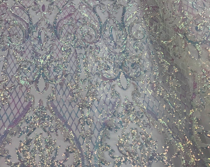 Iridescent Clear Sequin Damask Selena Design on a 4 Way Stretch Sequin Lace Mesh - Prom Gala Gown Fabric By Yard