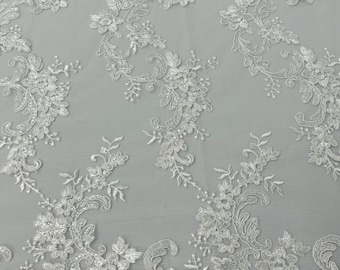 White Floral Sequin Embroidery Lace Fabric - Bridal Wedding Gown