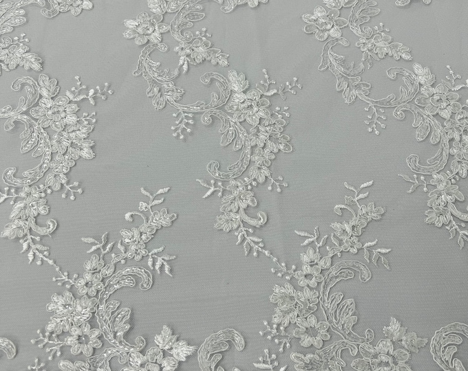 White Floral Lace Fabric, by the yard - Embroidery With Sequins on a Mesh Lace Fabric For Gown, Wedding-Bridal