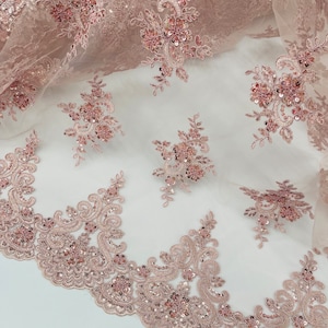 Blush Beaded Fabric By The Yard Embroidered on a Mesh Lace Fabric, Beaded Lace Wedding,Bridal,Dress