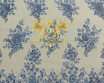 Baby Blue Beaded Sequins Floral Lace Fabric: Bridal Embroidery by the Yard