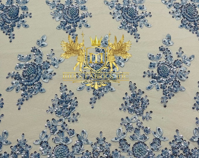 Baby Blue Beaded Sequins Fabric | Embroidery With Beaded Sequin on a Mesh | Beaded Floral | Flowers Bridal Lace Fabric by the yard