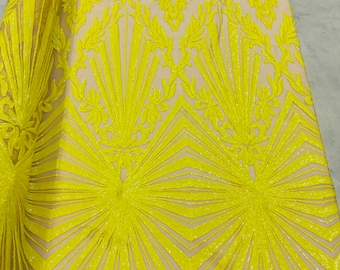 Yellow Geometric Sequins Lace Fabric, Nude Mesh, Embroidered Prom-Gown