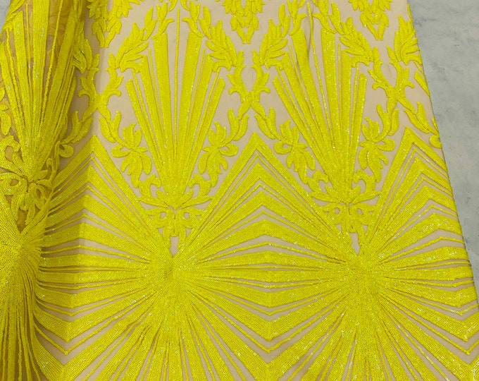 Yellow Sequins Lace Fabric On Nude Mesh, Geometric Design Embroidered On 4 way Stretch Sequin By The Yard -Prom-Gown ( Choose The Size )
