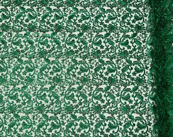 Metallic Hunter Green Floral Lace Fabric By The Yard, Embroidery With Sequins on a Mesh Lace Fabric, Corded sequins Lace