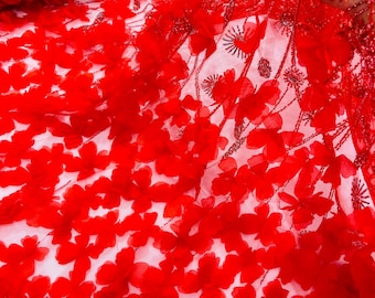 Red Beaded Fabric 3D Floral Butterfly Fabric By The Yard, Luxury 3D Butterfly Design Beads and Sequins Embroidered on a Mesh Lace Wedding
