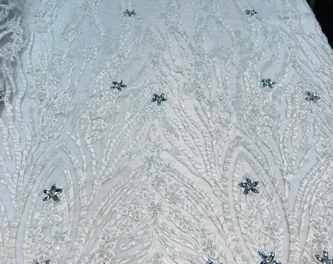 Beaded Fabric - White - Embroidered Flower Line Mesh Lace Fabric with Beads Sold By The Yard