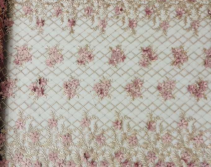 Mia Fabrics Inc, Dusty Rose 3D Floral-Flower With Pearl, 3D Floral-Flower Bridal Wedding Lace Fabric by the Yard (Pick a Size)