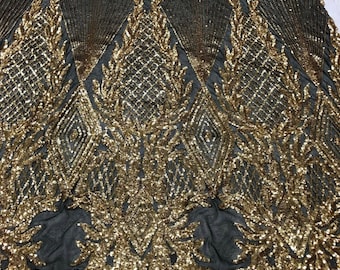 Gold Sequins Fabric – Geometric Diamond Design, 4-Way Stretch Mesh