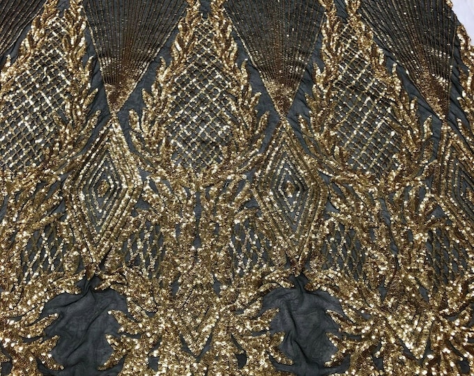 Gold Sequins Fabric  - 4 Way Stretch Geometric Diamond Design on Mesh Fabric for Prom Gala Gown By The Yard