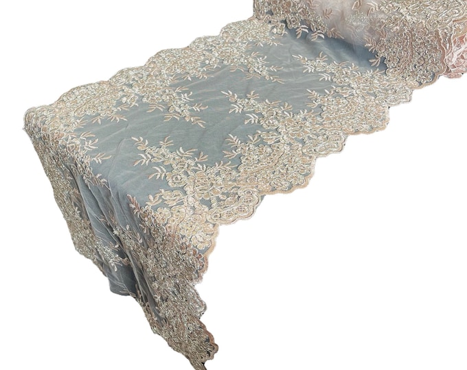 Metallic Blush 14”Wide Floral Lace Fabric For Runner, by the yard - Embroidery With Sequins on a Mesh Lace Fabric For Applications