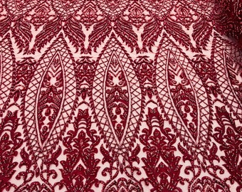 Burgundy Glam Damask Beaded Fabric, Embroidered Fashion Fabric with Beads Wedding Bridal Sold By Yard