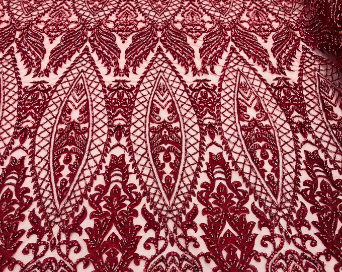 Burgundy Glam Damask Beaded Fabric, Embroidered Fashion Fabric with Beads Wedding Bridal Sold By Yard