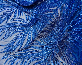 Royal Blue Sequin Fabric: Phoenix Wing Embroidery on Mesh, 4-Way Stretch