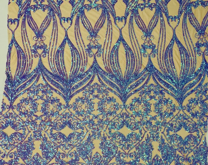 Lilac Iridescent Sequin Fabric - by the yard - On Nude Mesh, Camila Design 4 Way Stretch Sequins Fabric, Lace sequins Prom-Gown