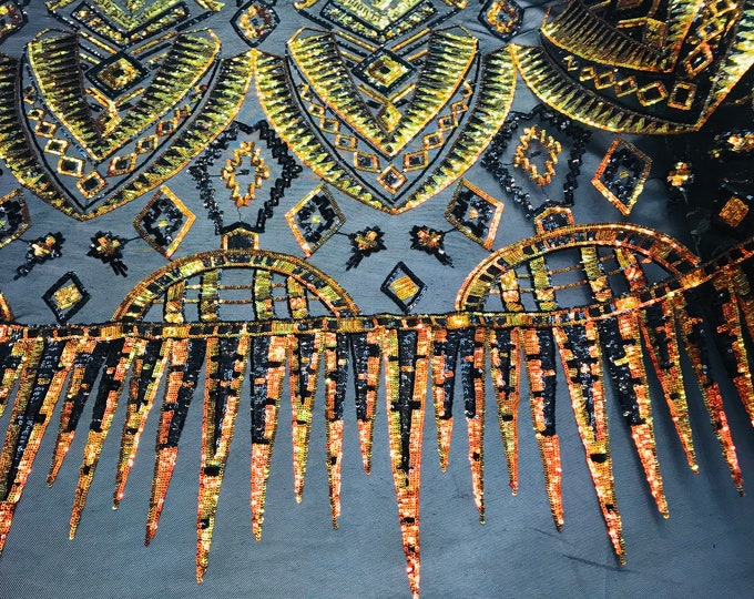Iridescent Orange Sequin Fabrics, Aztec Design 4Way Stretch Embroidery With Sequin on a Mesh-Prom-Gown By The Yard