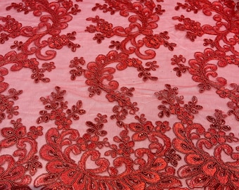 Red Floral Lace Fabric: Embroidered Sequins Mesh, Bridal Gown Material