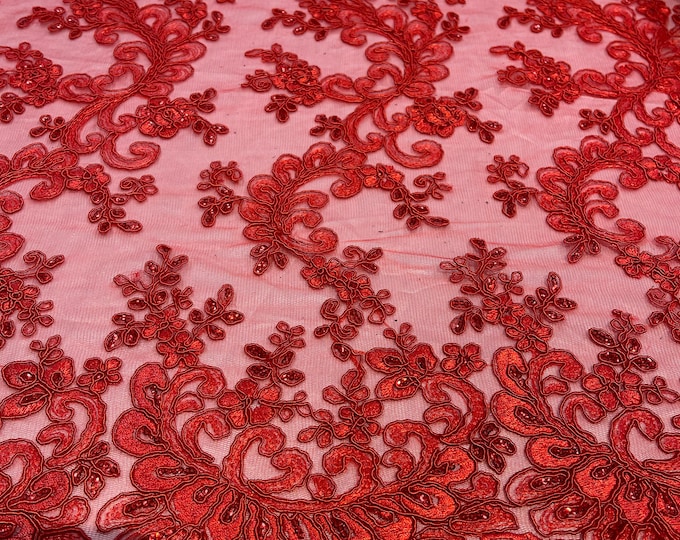 Red Lace - Floral Lace Fabric, Embroidery With Sequins on a Mesh Lace Fabric By The Yard For Gown, Wedding-Bridal (Choose The Quantity)