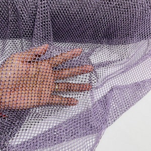 Orchid Rhinestone Fabric On Stretch Net Fabric, Spandex Fish Net with Crystal Stones sold by the yard
