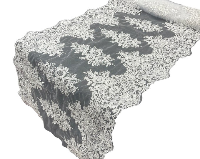White Floral Lace Fabric For Runner 21” Wide, by the yard - Embroidery With Sequins on a Mesh Lace Fabric For Applications Wedding