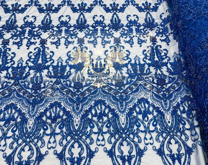 Royal Blue Design Glam Damask Beaded Fabric, Embroidered Fashion Fabric with Beads Wedding Bridal Sold By Yard